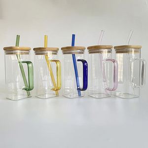 Vaso de Vidrio de Borosilicato Transparente Cuadrado de 400 ml (13.5 oz) Reciclable para Sublimación, con Tapas y Pajitas - Product Image 1
