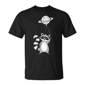 Camiseta con diseño de mapache sosteniendo un globo, negra, unisex, para adultos, cuello redondo, manga corta, impresión digital, promocional - Product Image 1