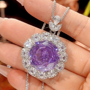 High-end Eco-friendly Copper <b>Women</b> Floral Design Jewelry <b>Set</b> Rose Cut 18-16mm Purple Cubic Zirconia Pendant Earrings <b>Ring</b> <b>Set</b> - Product Image 5