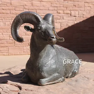 High Quality Statue Bronze Life Size Bighorn Long Horn Lying Sheep Goat Sculpture