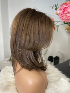 Venta al por mayor elegante color marrón onda del cuerpo corto <span class=keywords><strong>de</strong></span> alta calidad europea virgen cabello humano barato bajo precio nueva llegada peluca con malla frontal - Product Image 3