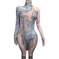 Combinaison longue à manches longues et taille haute, style européen et américain, ornée de paillettes et de pompons, infroissable, en polyester et élasthanne, pour la danse latine