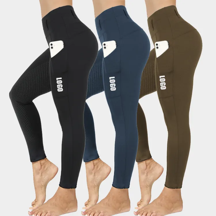 Mallas de compresión para mujer, leggings con logo personalizado de alta calidad, cintura alta, antideslizantes, de silicona, parche medial, calzas ecuestres