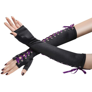 Purple <b>Ribbon</b> Fingerless Gloves With Lace-Up Design For Costume Or Bridal Wear - Product Image 2