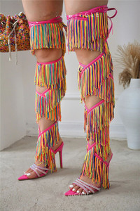 Sandalias ZHEZHE con Borlas por Encima de la Rodilla para Mujer, con Punta en Pico, Cristales, Correa Romana, con Cordones, Zapatos Sexys de Tacón Alto para Fiesta - Product Image 3