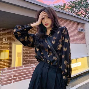 Vendita all'ingrosso nero animale stampa camicetta-Elegante camicette donna manica lunga abbottonatura camicia primavera coreana 2021 donne moda camicia nera stampa animalier camicetta Femme
