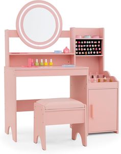 Tocador de Princesa con Espejo, Estantes de Almacenamiento y Luces LED Ajustables, Set de <span class=keywords><strong>Mesa</strong></span> de <span class=keywords><strong>Maquillaje</strong></span> y Banco <span class=keywords><strong>para</strong></span> Niñas Pequeñas - Product Image 1