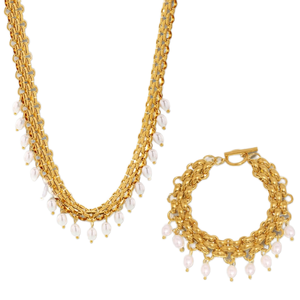 Da donna in acciaio inox impermeabile placcato oro 18K nappa collana di perle bracciale gioielli Set per matrimonio fidanzamento anniversario - Product Image 6