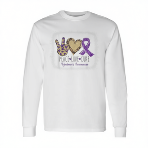 T-shirt à manches longues Peace Love Cure Alzheimer's Awareness, design ruban violet, col rond unisexe pour adulte - Product Image 3