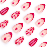 24 pièces Saint-Valentin 2025 Faux ongles à presser en acrylique, forme amande, motif cœur rouge français 3633