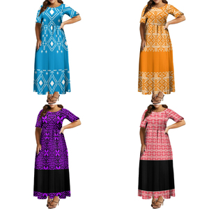 Nuevo Vestido Largo <span class=keywords><strong>de</strong></span> Gasa con Estampado Polinesio Azul y Blanco, Cintura Natural, <span class=keywords><strong>Manga</strong></span> <span class=keywords><strong>Media</strong></span> y Plisado, Estilo Sweet Island - Product Image 2