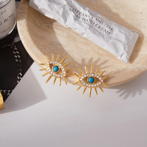 Ensemble de boucles d'oreilles et bague Evil Eye, en acier inoxydable plaqué or 18 carats, design géométrique à pointes, pour femmes, bijoux tendance - Product Image 3