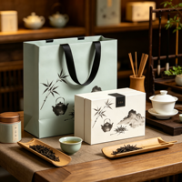 Sac en papier d'art de luxe de haute qualité avec poignée en ruban, emballage de boîte cadeau en carton, boîte à thé haut de gamme, logo personnalisé, image de marque d'entreprise