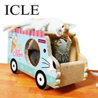 ICL-vente en gros OEM ODM personnalisé rose crème glacée forme chat carton grattoir maison lit pour dormir jouer