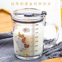 Gobelet à lait pour enfants en verre épais avec paille graduée, gobelet à boisson pour la maison, gobelet à lait de dessin animé avec couvercle