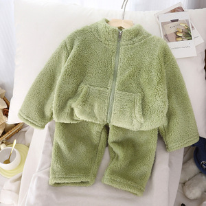 Atacado Outono Inverno 2025 Sólido Casual Plus Veludo Grosso Quente Respirável Zipper Meninos Meninas Crianças Pijama Jacket Sweatpants Set - Product Image 4