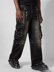 Pantaloni <span class=keywords><strong>jeans</strong></span> da <span class=keywords><strong>uomo</strong></span> di alta qualità a gamba dritta allentato con tasca multi design nero <span class=keywords><strong>grigio</strong></span> con catena lavata per unghie <span class=keywords><strong>jeans</strong></span> da <span class=keywords><strong>uomo</strong></span> - Product Image 2