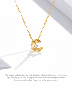 Collier pendentif lune croissante en acier inoxydable, zircon, plaqué or 14 carats sous vide, chaîne fine réglable 38,5+10 cm - Product Image 1