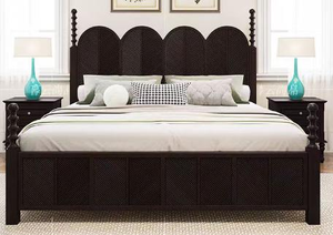 Premium <b>Queen</b> <b>Size</b> Dark Wood Spindle <b>Bed</b> With Arched Rattan Headboard For Farmhouse Bedroom - Product Image 6