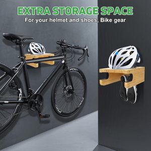 Support mural pour vélo en bois avec étagère et crochets pour la maison, support de rangement horizontal pour vélo intérieur pour économiser de l'espace dans le garage - Product Image 6