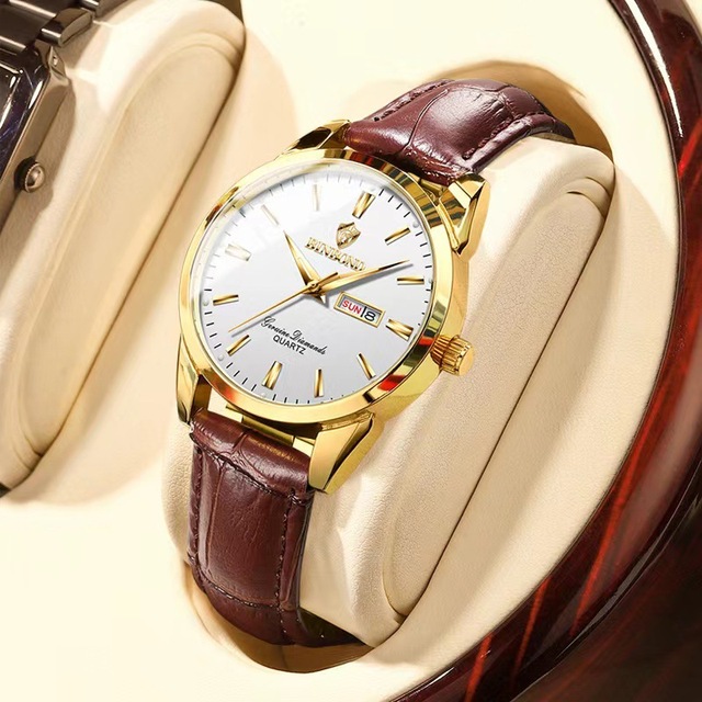 BINBOND Watch Women Fashion Gold White Week Display Quartz Watches Lady Waterproof Leather Bracelet Wristwatch for Girls Reloj