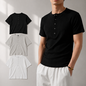 T-shirt en coton tricoté à <span class=keywords><strong>col</strong></span> Henley pour homme, manches courtes, 100 % coton, décontracté, pour l'été - Product Image 1