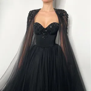 Gothic Black Tulle Arabic Evening Dress With Cape Sleeves Elegant Women Luxury Dubai Formal Party Gowns Sz394