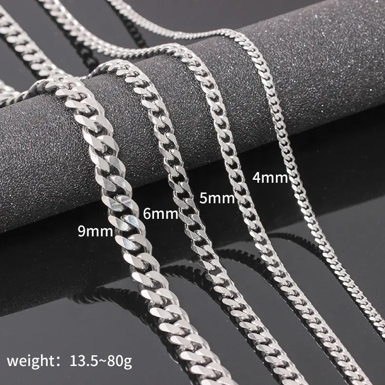 ENS Curb in Hain 4 M5 M6 M9 ilililver oliolid taintainless uuban ecklace
