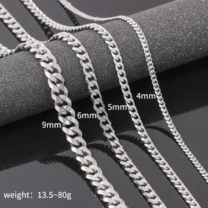 Mens Curb Chain 4MM 5MM 6MM 9MM Silver Solid Stainless Cuban Necklace