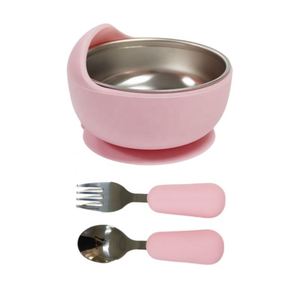 Tazón de Silicona con Succión y Revestimiento Interior de Acero Inoxidable 304, Tazón de Alimentación para Bebés con Cuchara y Tenedor, Juego de Utensilios para Comer para Bebés - Product Image 1