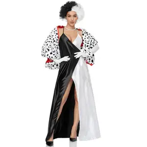 Sarung tangan penyihir hitam putih dewasa mantel Cruella Wig sarung tangan kostum Cosplay Halloween wanita