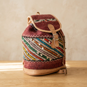 Sac à dos Kilim en laine fait main avec accents en cuir, style classique, sac de voyage unisexe, durable - Product Image 3