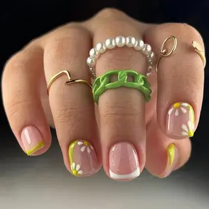 INS Style Sun Flower Pattern Handmade False Nails Press On Nails Spring Pink Green Color Artificial Fingernails Nail Art