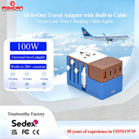 Adaptateur de voyage universel Foxcan 100W PD GaN avec câble rétractable 4USB-C+1USB-A Prises US UK EU AU pour appareil photo et ordinateur portable