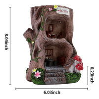 Maison de fée en résine sur tronc d'arbre, statue avec lumière LED solaire, maison d'elfe miniature à deux étages, maisonnette champignon et fleur peinte à la main pour patio et jardin