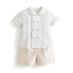 Ensemble de vêtements de boutique d'été en coton <span class=keywords><strong>blanc</strong></span> pour tout-petits garçons motif rayé <span class=keywords><strong>costume</strong></span> de bobby à double boutonnage avec pantalon court - Product Image 1