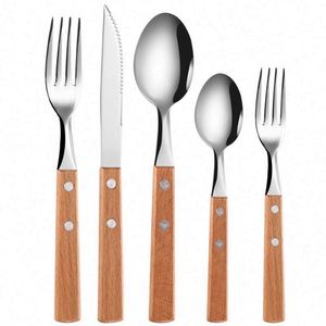 Juego de cubiertos de viaje con mango de madera, resistentes al calor, de acero inoxidable, juego de tenedor, cuchara y cuchillo. - Product Image 1