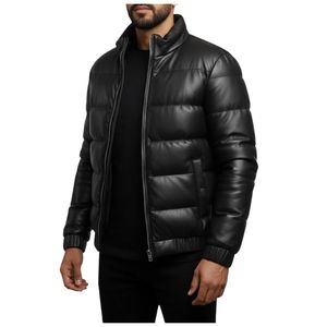 Veste matelassée en cuir d'agneau brun beige sur mesure pour homme, respirante, avec logo personnalisé, édition hiver isolée - Product Image 4