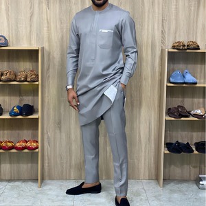 2026 African Ethnic Dashiki Men's Casual 2-Piece Long-Sleeved Solid Color <strong>Patchwork</strong> <strong>Shirt</strong> and Pants Suit - Product Image 4