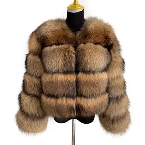Grosir 100% jaket bulu rakun alami wanita hangat asli crop Top kustom mewah wanita musim dingin bertudung mantel bulu rakun asli