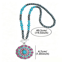 Collier Bohème Cowgirl Western en Turquoise, Pendentif Concho Rond Vintage en Argent, Fermoir T-Barre, Chaîne Perlée