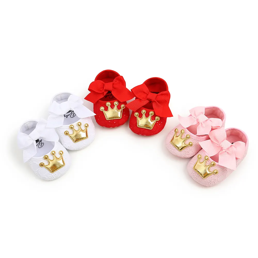 Cute Cheap Customization Cotton Fabric Crown Bowknot Mary Jane Party Princess Dress Baby Girl Shoes