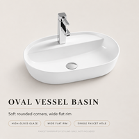Lavabo ovale en céramique 50x38cm à poser, blanc brillant, moderne, résistant à l'eau, rebord fin, trou unique pour robinet