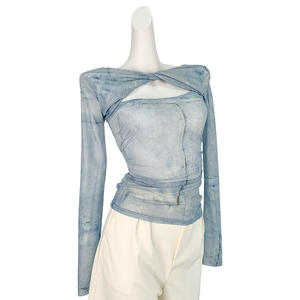 <span class=keywords><strong>T</strong></span>-<span class=keywords><strong>shirt</strong></span> à manches longues en maille de soie glacée mignonne, coupe ajustée, protection solaire, pour femmes, é<span class=keywords><strong>t</strong></span>é, fin, tie-dye, nœud torsadé, haut transparent - Product Image 4