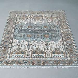 Tapis Oushak en laine fait main PB Nicolette, beige et bleu, pour salon, chambre et salle à manger. Tapis noué à la main, tapis tissé à la main. - Product Image 1