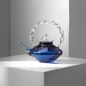 蓝色扭玻璃茶壶耐热茶壶玻璃壶功夫茶具家用克莱恩蓝色茶壶700毫升水壶礼品