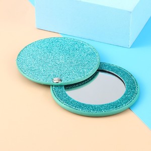 Custom logo Debossed Travel Personal Beauty Care Glitter Blue Leather Cover Mini Foldable Mirror