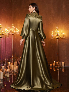 Nouvelle <span class=keywords><strong>robe</strong></span> de <span class=keywords><strong>soirée</strong></span> élégante pour femmes, col montant, manches lanternes, patchwork de paillettes extravagantes, satin, fente haute, perles - Product Image 2