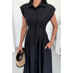 Vestido de Noche de Lino Jacquard en Negro con Abertura Frontal y Bolsillos - Product Image 5