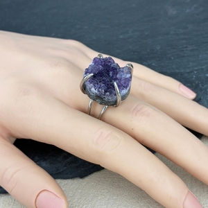 Cristal naturel vintage violet Drusy pierres de guérison améthyste grappe grande taille plaqué or anneaux réglables pour les femmes - Product Image 4